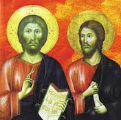 The Christ boys: Jesus and James. Jesus displaying enlightened gospel. James clutching his rolled up report card. 