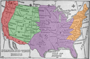 Early depiction of Time Zones or Belts as they were called in 1883. Better for you than Toaster Streudel and less confusing that a Thursday Night edition of Monday Night Football. 